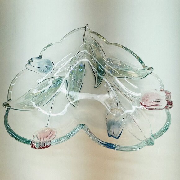 Mikasa Tivoli Crystal Serving Tray Heart Shaped W Blue Red Tulips Germany 9.5" - Picture 4 of 11